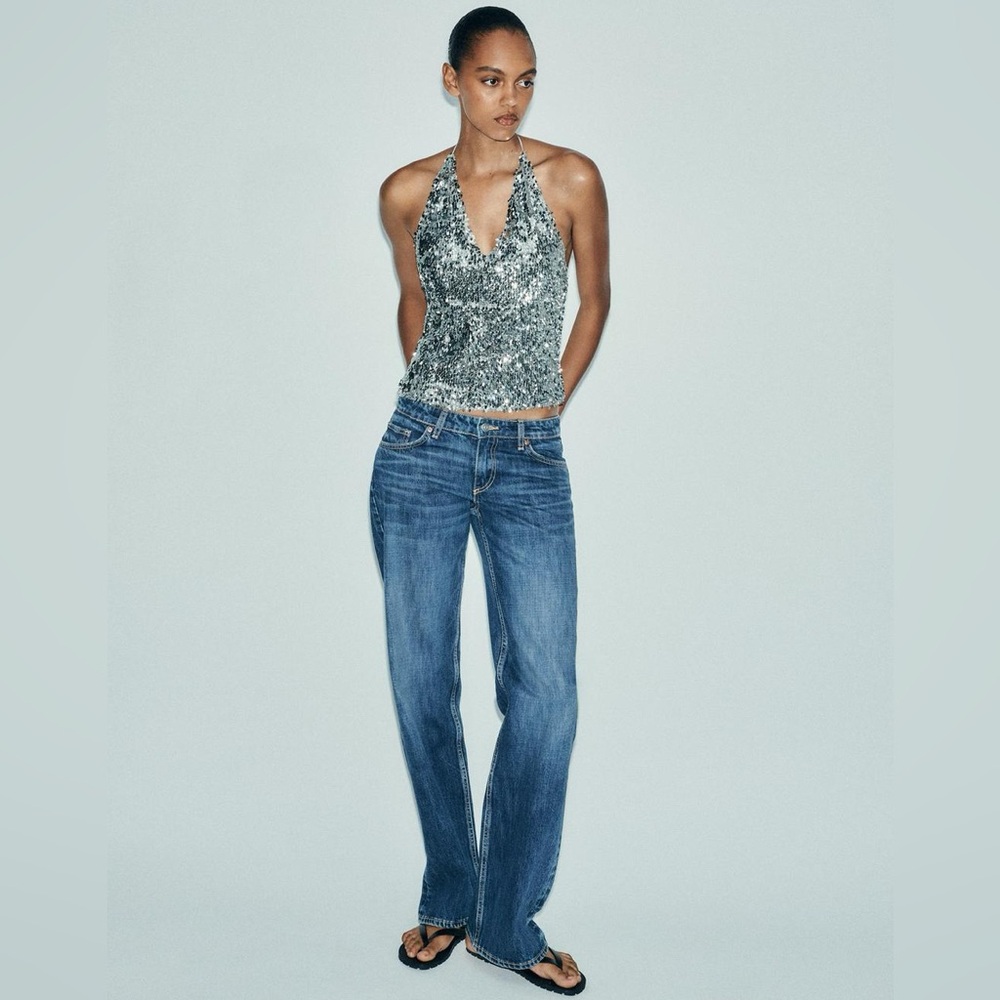 Zara NWT Silver Sequin Adjustable Tie Up Halter Top (Medium)